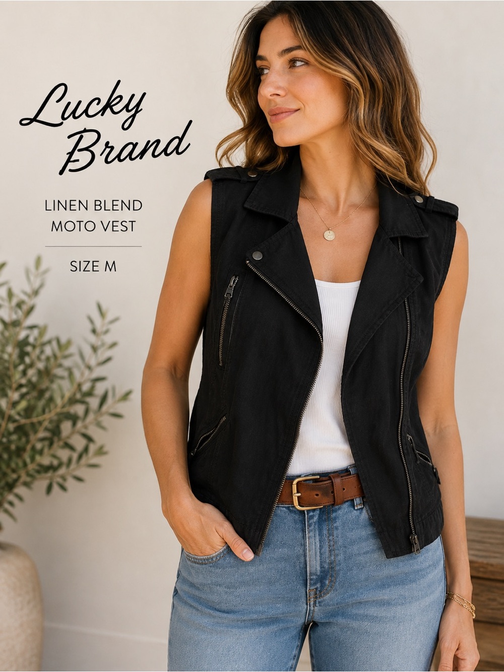 Lucky Brand Linen Blend Asymmetrical Zip Moto Utility Vest Black M